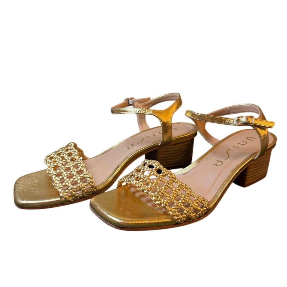 Unisa Gold Woven Strap Leather Low Block Heel Sandals Size 8.5